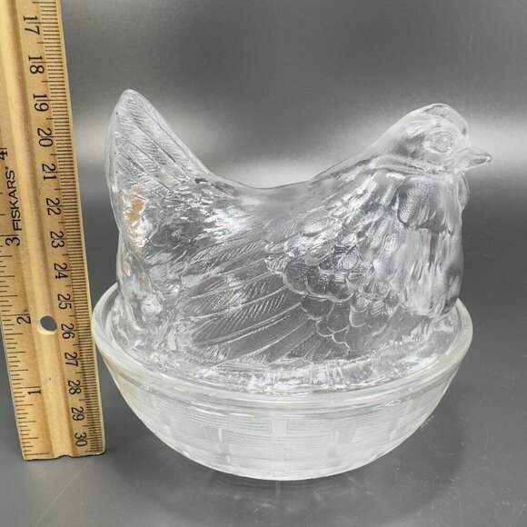 French Clear Hen On Nest Clear Glass Covered Dish Made In France Farmhouse VTG - Picture 7 of 15